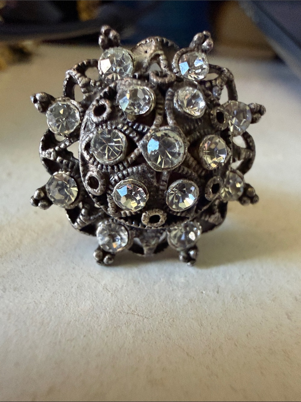 Vintage Silver Tone Rhinestone Statement Ring, Size 7
